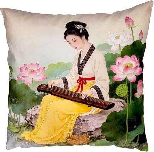 Chinese Style Ancient Beauty & Peony Print Pillow Cover 18x18 inch, Double-Sided Print Cushion Case with Invisible Zipper for Living Room, Bedroom, Sofa Decor