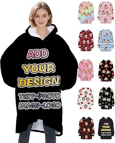 Custom Blanket Hoodie with Photo Wearable Blanket Personalized Comfy Hoodies Customized Gifts for Christmas Women Kids Men