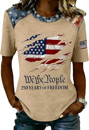 Women's 250 Years of Freedom V-Neck T-Shirts Patchwork Crew Neck American 250Th Anniversary Patriotic Tee 1776-2026, S-2Xl