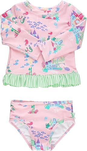 RuffleButts Baby/Toddler Girls Long Sleeve Rash Guard UPF50+ Sun Protected Bikini Swimsuit