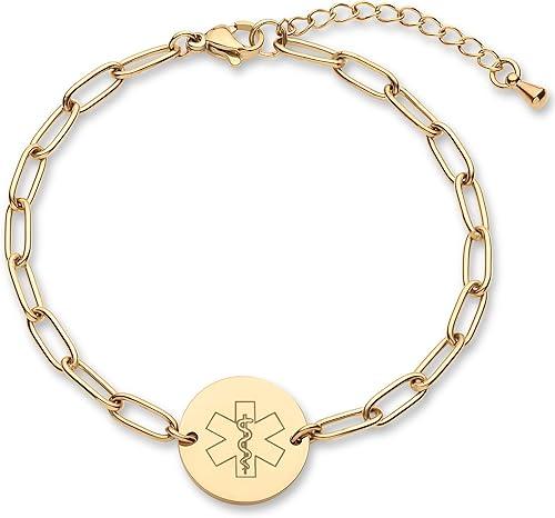 Medical Alert ID Bracelet for Women, Paperclip Adjustable Customized Medic Jewelry 18k Gold Rose Silver, Personalized Engraving, Hypoallergenic Waterproof, Includes Gift Box & Med ID Wallet Card