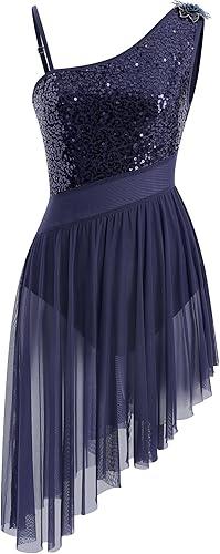 AFAVOM Women's Lyrical Dance Costume Sequin Flower Lyrical Dress Asymmetric Flowy Tulle Skirt Contemporary Dance Costumes