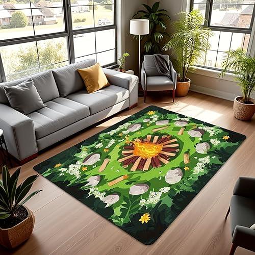 Castle Fairy Campfire Area Rug 3'x5',Cartoon Stones Green Tree Non Slip Rug for Kids Teen Boys Women Men,Camping Woodland Campsite Indoor Floor Mat for Dining Room Backyard Decor,Happy Camping