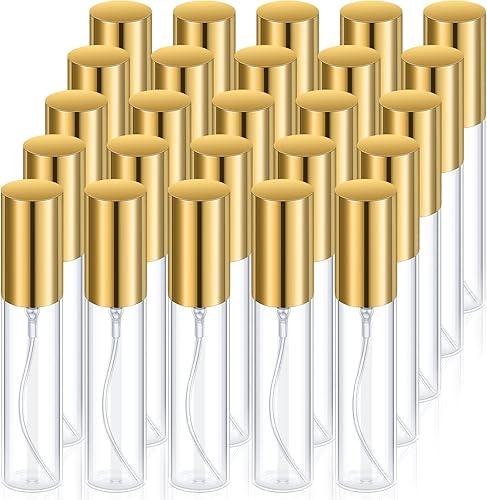 Yinder 25 Pcs 10 ml Glass Refillable Perfume Bottles Bulk Travel Empty Perfume Atomizer Sprayers Portable Spray Bottles Mini Sample Fragrance Containers, Gold