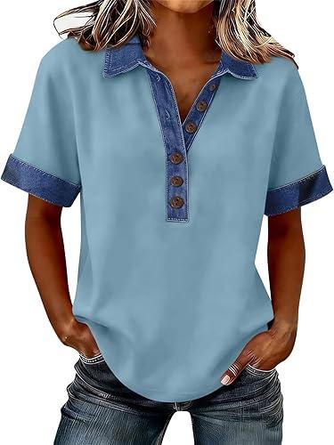 Short Sleeve Tops for Women Denim Patchwork Polo Shirts Lapel Collar Button Up T Shirt Dressy Casual Jean Tops