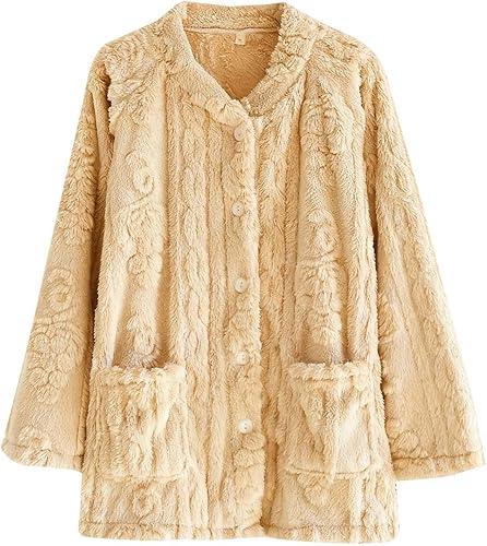 Oplxuo Plush Bed Jackets for Elderly Women Cozy Fuzzy Fleece Pajama Tops Button Up Sleepwear Long Sleeve Coats with Pockets