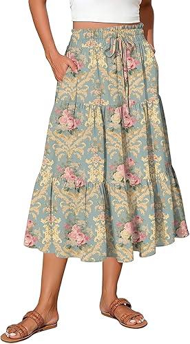 KIKX0DE Womens Summer Fashion Midi Skirts Elastic High Waist Skirt Floral Casual Knee Length Skirt with Pockets