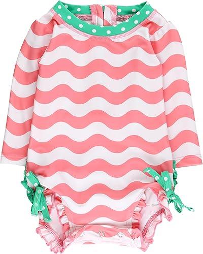 RuffleButts Baby Girls UPF 50+ Sun Protection Floral Printed Long Sleeve One Piece Rash Guard Swimsuit with Zipper