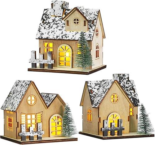 Uonlytech 3 Pcs Lighted Christmas Houses, DIY Christmas Village House Set with Led Lights, Wooden Village for Crafts Holiday Table Decor Xmas Signs