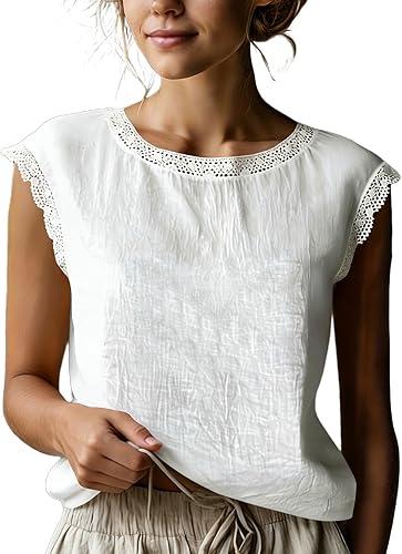 Women's Cotton Linen Tank Tops Lace Trim Crew Neck Sleeveless Blouses Dressy Casual Solid Loose Boho Vacation Shirts