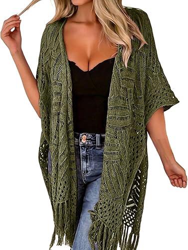 Women's Open-Knit Tassel Cardigan Plus Size Lightweight Summer Oversized 3/4 Sleeve Cover Up Boho Beach Holiday