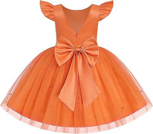 Infant Baby Girls Wedding Flower Girl Dress Pearls Tulle Tutu Dress Bowknot V Back Pageant Party Birthday Formal Dresses