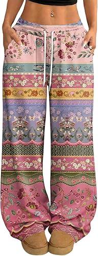 Women's Fashion Floral Print Wide Leg Sweatpants High Waisted Drawstring Baggy Lounge Joggers with Pockets