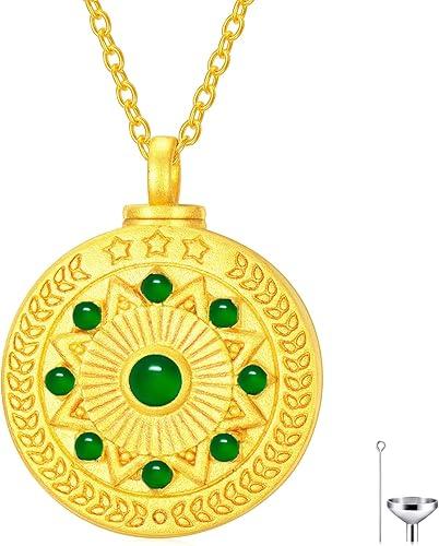 SOULMEET Gold Emerald Cremation Jewelry for Ashes, Personalized Gold Sunflower/Lotus/Rose/Cross/Medal Round Ashes Locket Necklace Natural Gemstone Urn Necklace Custom Dainty Gold Chain