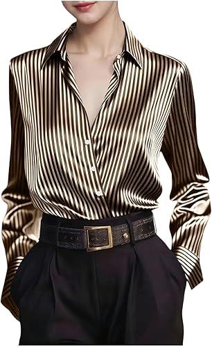 Women's Satin Button Down Shirts V-Neck Long Sleeve Tops Striped Business Office Silky Blouses Fashion Spring Shirts
