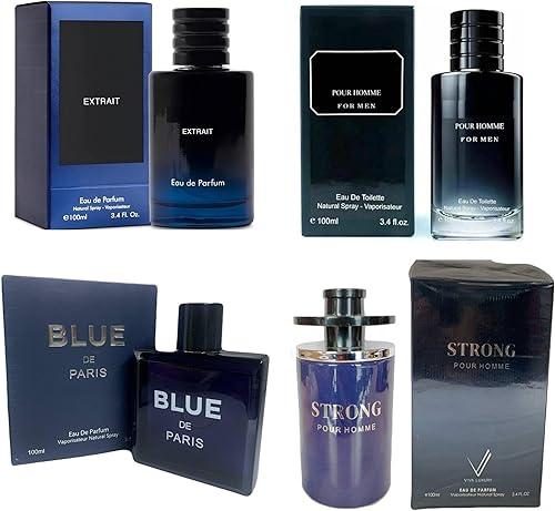 4-Piece Fragrance Gift Set for Men - Strong, Extrait, Pour Homme and Blue De Paris Aromatic, Floral, Oriental & Woody Notes - 3.4 OZ Eau De Parfum
