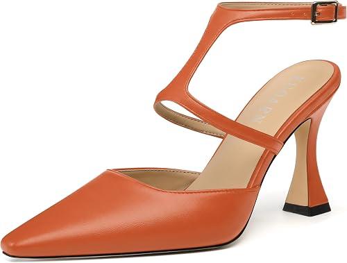 KUOARN Slingback Heels for Women Closed Toe 3.5 Inch Stiletto with Adjustable Ankle Strap Comfortable Elegant Evening Party Wedding Pumps