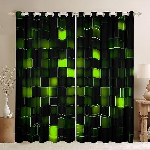 Castle Fairy Dark Green Block Window Curtain | Geometric Honeycomb Blackout Curtain for Kids Bedroom Decor,Video Games Curtains Modern Cool 3D Living Room Top 2 Panels,38Wx54L