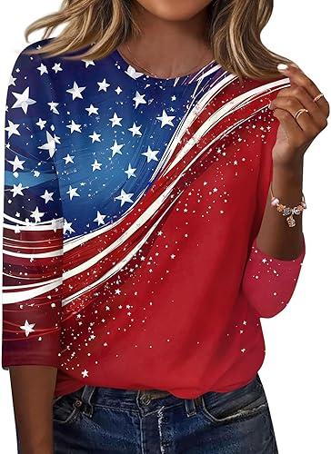 Women 250 Anniversary USA Shirt America Flag Patriots 4Th of July Shirts Round Neck Tshirts 3/4 Sleeve Tops