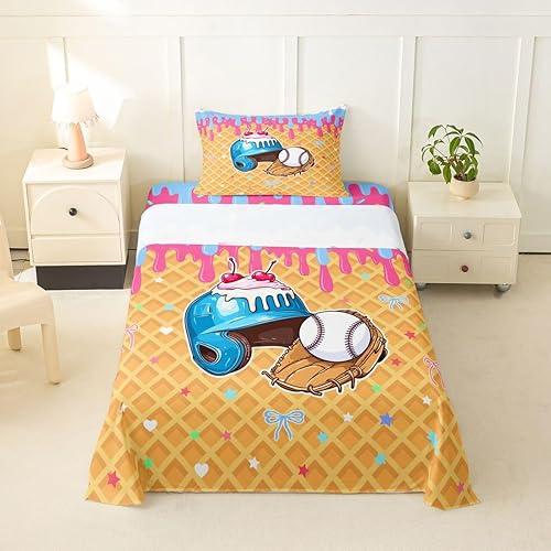 Castle Fairy Girls Baseball Bed Sheets Twin Size,Kawaii Sport Bowknot Plaid Easy Wash Bedding Set,Ice Cream Drip Dessert Kids Room Decor,Bule Yellow Sheet(Fitted+Flat+1 Pillowcase)