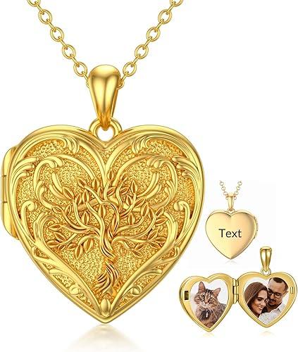 SOULMEET 10K 14K 18K Solid Gold Personalized Sunflower/Starburst/Cross/Rose/Lotus/Butterfly/Turtle/Celtic/Bee Heart Locket Necklace That Holds Picture Gift Choice