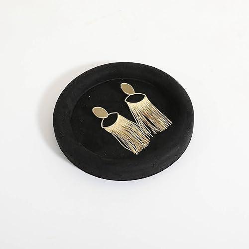 Round Jewelry Organizer Plate, Top Microfiber Velvet Jewelry Display Tray, Empty Jewelry Showcase Tray for Necklaces, Bracelets, Rings, Earrings (Black-Small, 5.9 x 5.9 in)