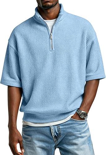 Mens Waffle Knit Quarter Zip Pullover Short Sleeve Casual Lightweight Tops for Daily and Casual Wear