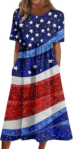 Womens American Flag Star Striped Dress Short Sleeve Plus Size 250 Anniversary USA Patriotic 4Th of July Midi Dress