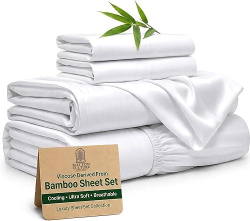Kotton Culture Luxury 4 Pc 100% Viscose derived from Bamboo Sheet Set Full-XL Size Silky Soft & Cooling Sheets for Hot Sleepers, 18" Deep Pocket Fitted Sheet -Luxurious Breathable Bedsheets -White