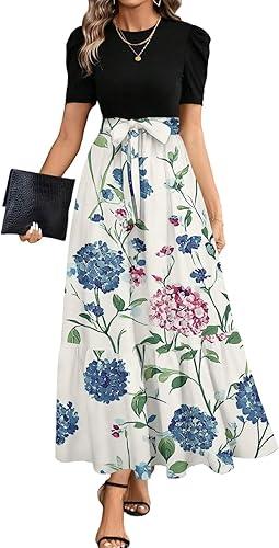 Women's Summer Dresses 2026 Short Sleeve Floral Print Wrap Waist Sundress Beach Wedding Guest Maxi Dress with Belt