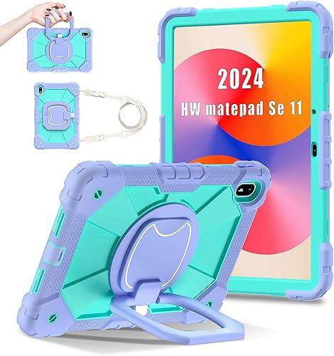 Shoulder Strap Tablet Case for Huawei MatePad SE 11 11.0 inch, Heavy Duty Shockproof Protective Cover with Kickstand Handle Shoulder Strap for Women Man Lotus Purple Mint Green