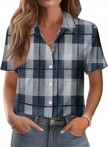 Womens Plaid Collared Tops Short Sleeve Shirts Button Down Casual Blouses V Neck Outfits