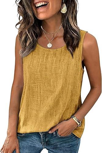 Womens Dressy Linen Cotton Sleeveless Tank Summer Fashion Round Neck Loose Fitted Tank Shirts Outfits Spring Clothing