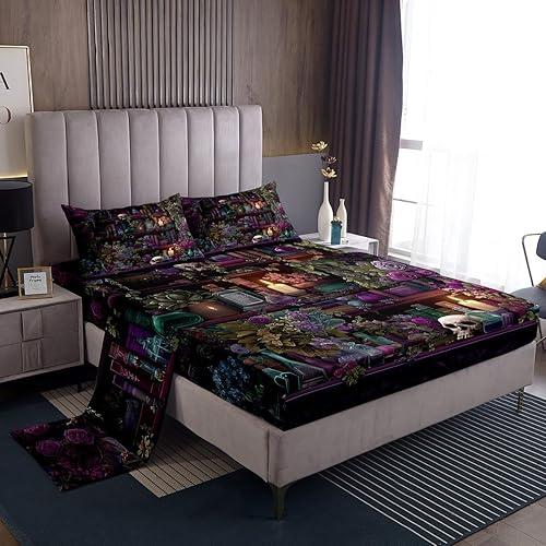 Erosebridal Gothic Skull Bed Sheets Set Full Vintage Witchy Sheet Set Spooky Magic Bookshelf Sheets Black Retro Wizard Mysterious Cool Flat Fitted Sheet