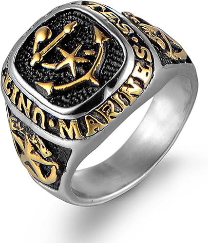 US Marine Corps Men’s Signet Ring Titanium Steel Anchor-Star Vintage Military Engraved Marine Veteran Jewelry