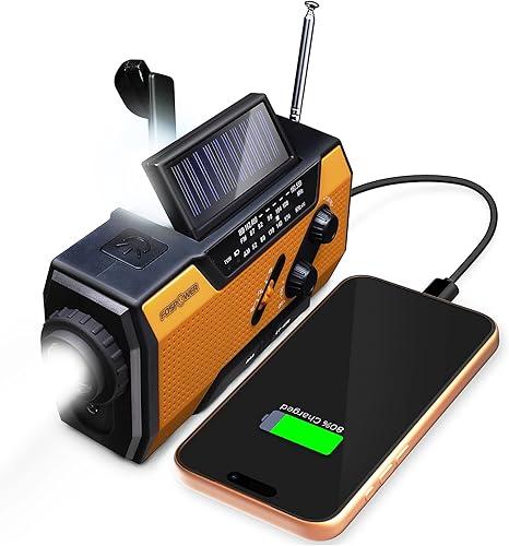 FosPower NOAA Emergency Weather Radio A1 7400mWh Portable Power Bank, AM/FM, USB/Solar/Hand Crank Charging, Battery Operated, SOS Alarm & Flashlight for Indoor/Outdoor Emergency - Orange