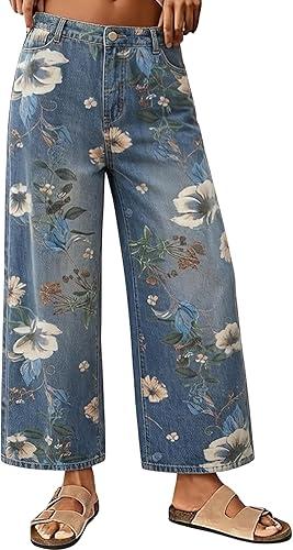 chouyatou Women's Floral Print Mid Rise Cropped Jeans Wide Leg Baggy Boho Ankle Denim Pants with Pockets