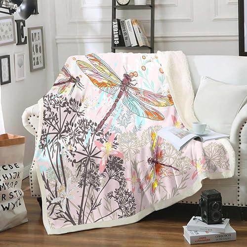 Feelyou Dragonfly Sherpa Blanket Throw 50x60 Inches Botanical Floral Fleece Throw Blanket for Kids Girls Teens Women Bedroom Decor Nature Animals Branches for Sofa Bed Couch Pink