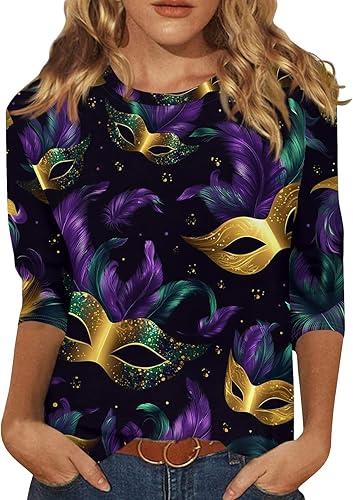 2025 Womens 3/4 Sleeve Tops Mardi Gras and Christmas Costumes Fashion Round Neck Santa Snowflake Printed Blouse