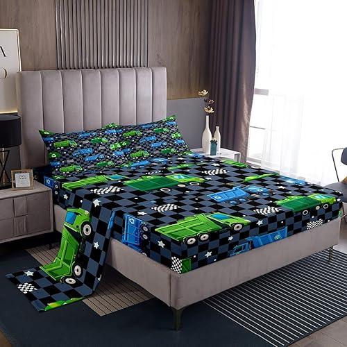 Feelyou Garbage Truck Bed Sheets Sets Full Size Kids Boys Girls Cartoon Car Bedding Set Automobile Bed Sheet Set with 16-Inch Deep Pockets Vehicles 4Pcs with 2 Pillow Cases