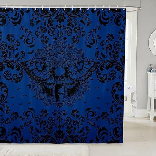 Erosebridal Halloween Moth Pattern Bathroom Accessories Navy Blue Black Gothic Shower Curtain Goth Boho Damask Floral Bathroom Curtain for Kids Adults 72" Wx72 L Halloween Animal Print Shower Decor