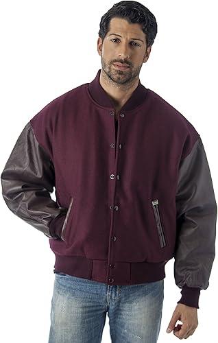 REED EST. 1950 Men’s Premium Varsity Jacket – Made in USA Wool Body with Leather Sleeves, Relaxed Fit, Quilted Lining