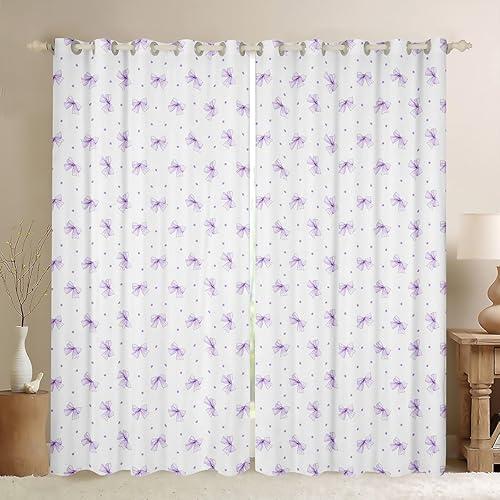 Manfei Purple Cartoon Bowknot Kids Blackout Curtains,Cute Bow Tie Knot Princess Girls Window Drapes,Geometric Dots Patchwork Romantic Chic Window Treatments Grommet Top 2 Panel Set,42Wx84L inch