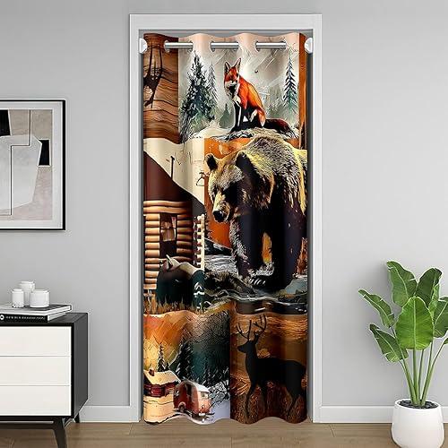 Erosebridal Rustic Lodge Door Curtains for Doorways Privacy Bear Deer Fox Cabin Blackout Curtain | Country Woodland Animals Doorway Curtains Vintage Barn Pine Trees Brown Black Door Drape 42"W X 80"L
