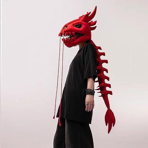 CARLIEN Dragon Skeleton Costume Accessory, Dinosaur Skull Spine Tail Backpiece, Dino Outfit Prop Adults Cosplay Party