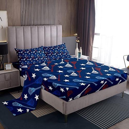 Feelyou Lacrosse Bed Sheets Set Full Size Ball Sports Theme Bed Set for Kids Boys Girls Lacrosse Games Lover Deep Pocket Fitted Sheet Blue Breathable Soft Lightweight Microfiber
