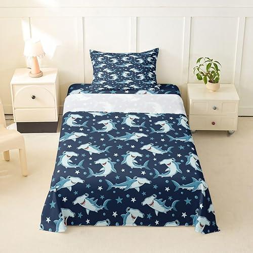 Erosebridal Hammerhead Shark Bed Sheets Twin Marine Life Bedding Set for Kids Boys Hammerhead Shark Lover Gifts Ocean Sealife Flat Fitted Sheet Cartoon Sharks Stars Sheets 3 Pcs with 1 Pillow Case