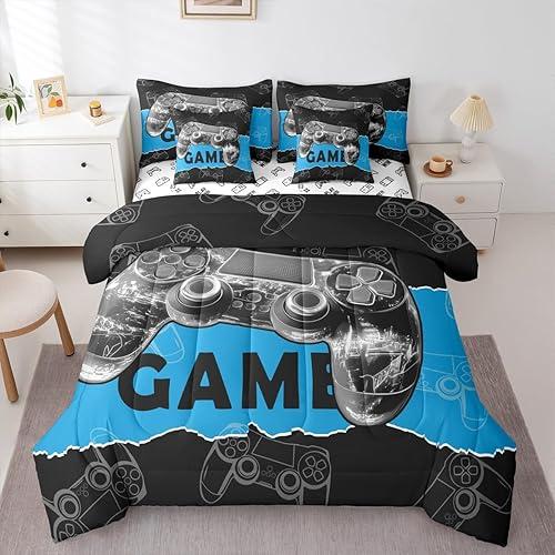 Kids Gamer Reversible 7 Pieces Comforter Set King Size,Modern Video Game Console Print Bed Sheet Set Gray 3D Gamepad Gaming Black Blue Bedding Set with Comforter,Fitted & Flat Sheet