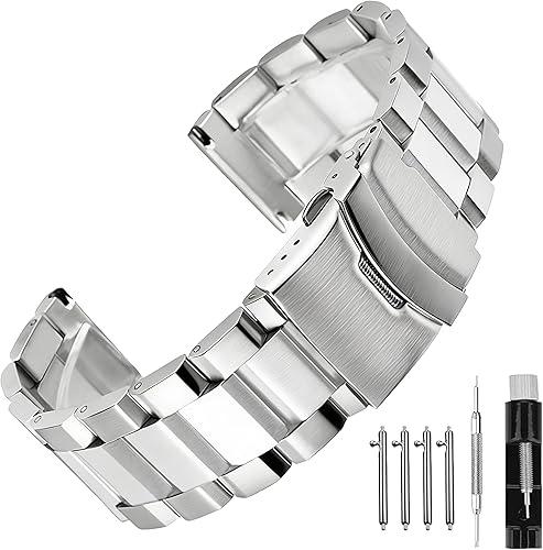 Quick Release Brushed Metal Watch Band for Men Women Stainless Steel Watch Bracelet Straps 18mm 20mm 21mm 22mm 24mm 26mm Watch Bands with Double FlipLock Buckle Black or Silver Blue Gold Grey