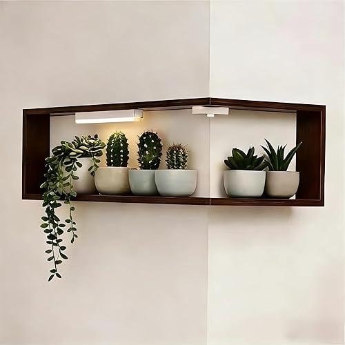 Corner Shelf Wall Mounted, Floating Shelves with Lights, Corner Floating Shelves, Wooden Wall-Mounted Storage Rack, Space-Saving for Bedroom Living Room Office (Light 1Shelf)